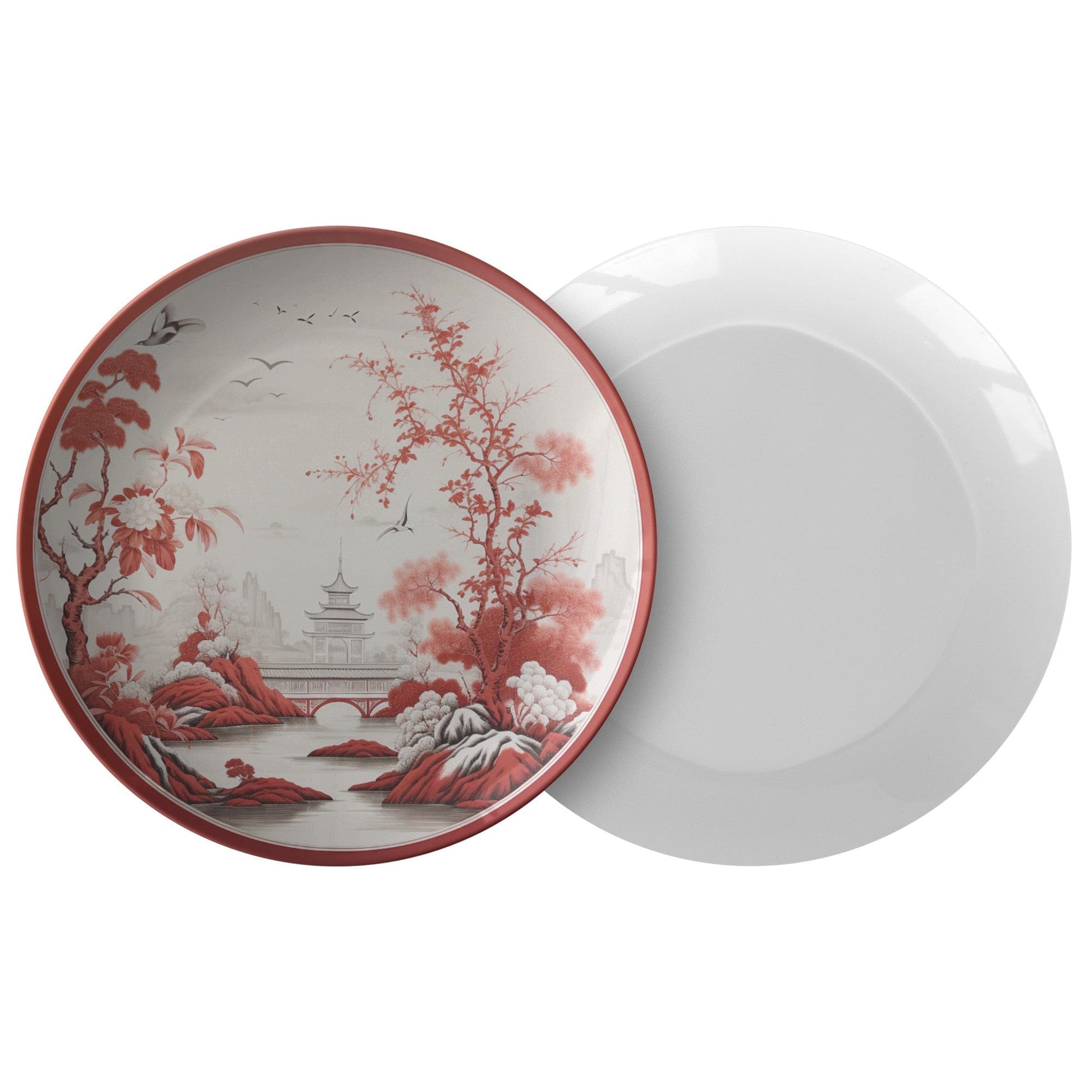 Kate McEnroe New York Chinoiserie Red Blossom Pagoda Landscape Dinner Plates, Vintage Oriental Birds Dinnerware Plates