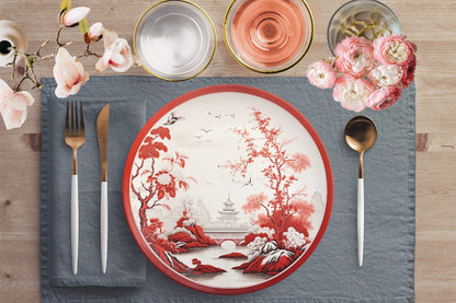 Kate McEnroe New York Chinoiserie Red Blossom Pagoda Landscape Dinner Plates, Vintage Oriental Birds Dinnerware Plates