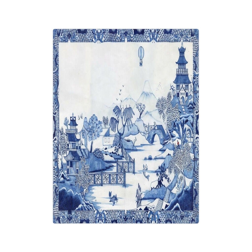 Kate McEnroe New York Chinoiserie Throw Blanket, Blue Willow Velveteen Minky Blanket, Maximalist Blanket, Pagoda Forest Cozy Blanket, Traditional Home Decor Gifts Blankets
