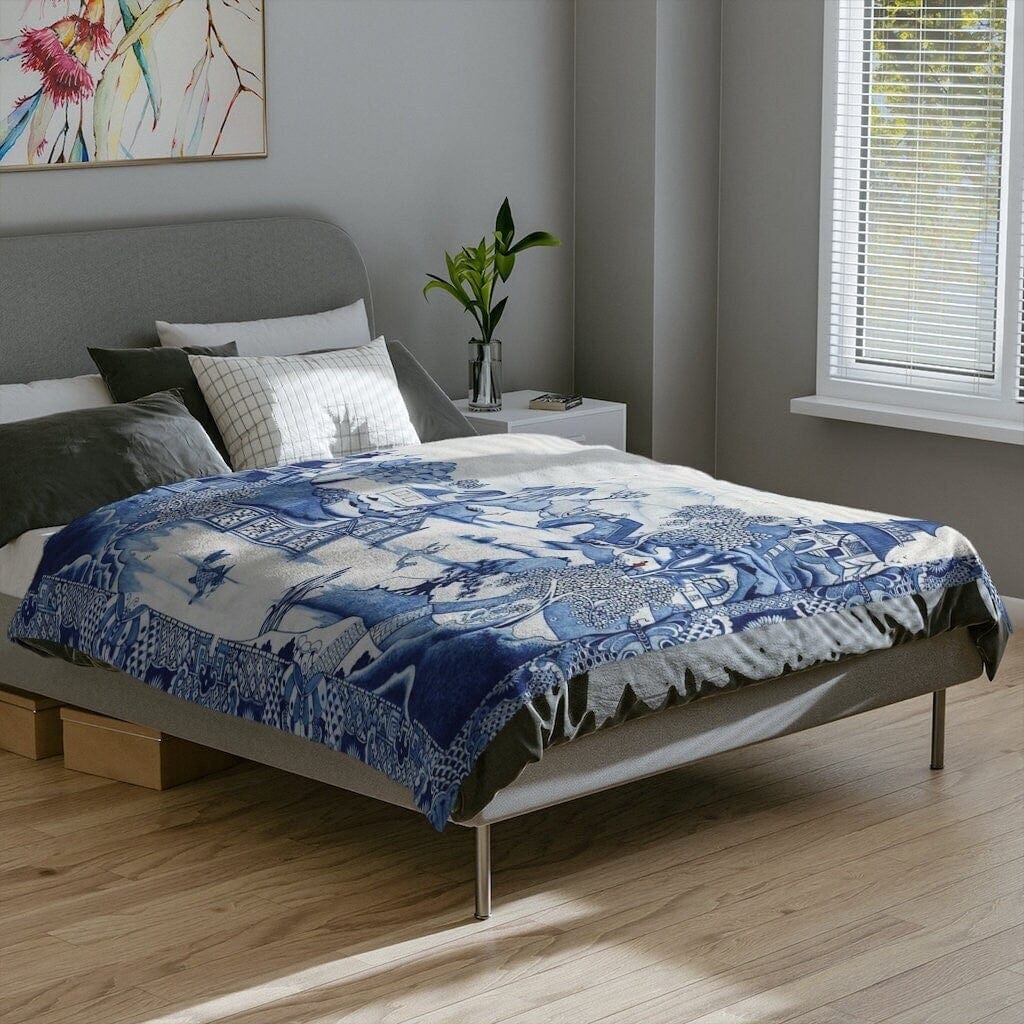 Kate McEnroe New York Chinoiserie Throw Blanket, Blue Willow Velveteen Minky Blanket, Maximalist Blanket, Pagoda Forest Cozy Blanket, Traditional Home Decor GiftsBlanketsBLA - CHI - WIL - 4X3