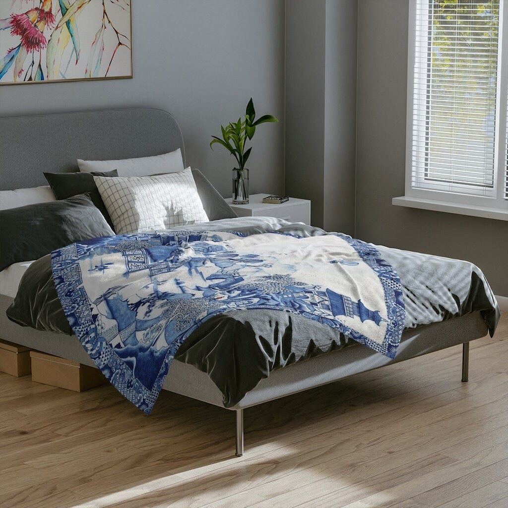 Kate McEnroe New York Chinoiserie Throw Blanket, Blue Willow Velveteen Minky Blanket, Maximalist Blanket, Pagoda Forest Cozy Blanket, Traditional Home Decor GiftsBlanketsBLA - CHI - WIL - 4X3