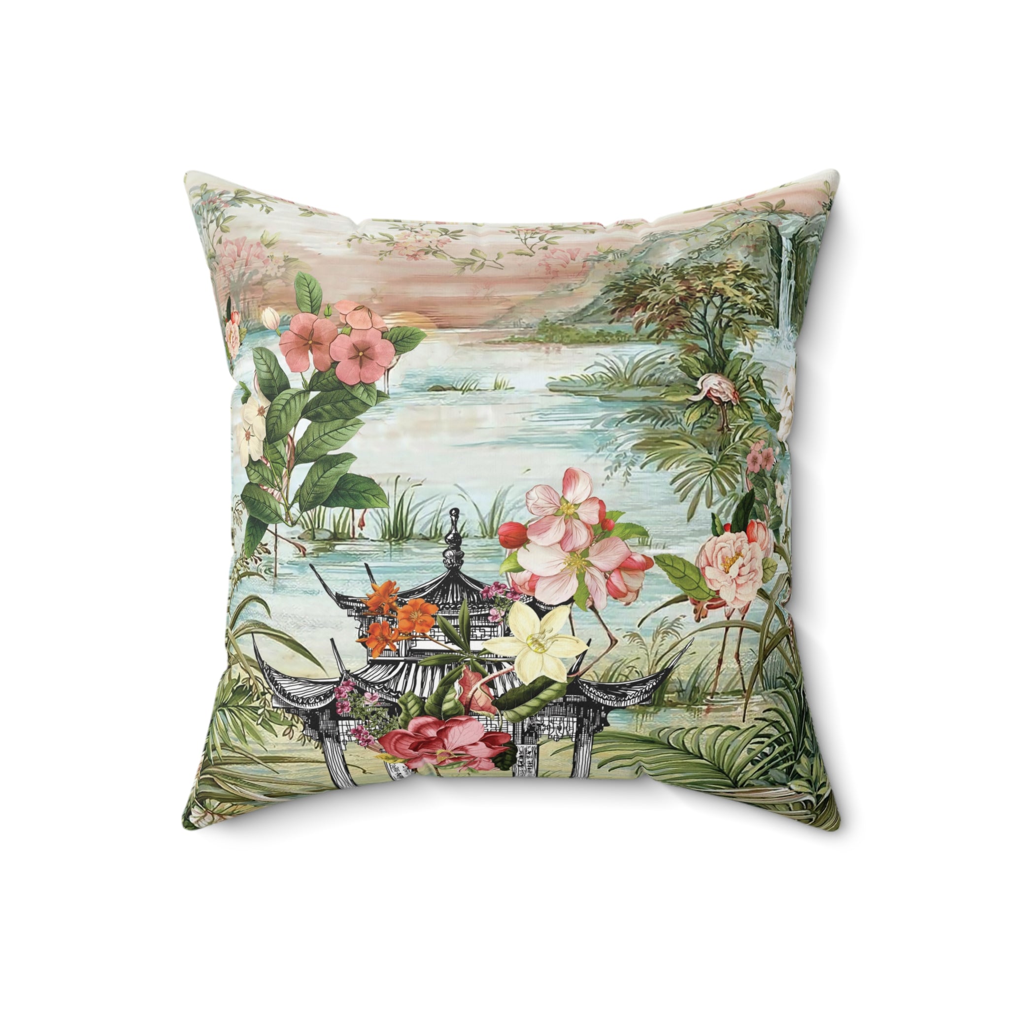 Kate McEnroe New York Chinoiserie Tranquil Floral Pagoda Garden Scene Blackout Throw Pillow, Country Farmhouse, Hollywood Regency DecorThrow Pillows19377101552870356595