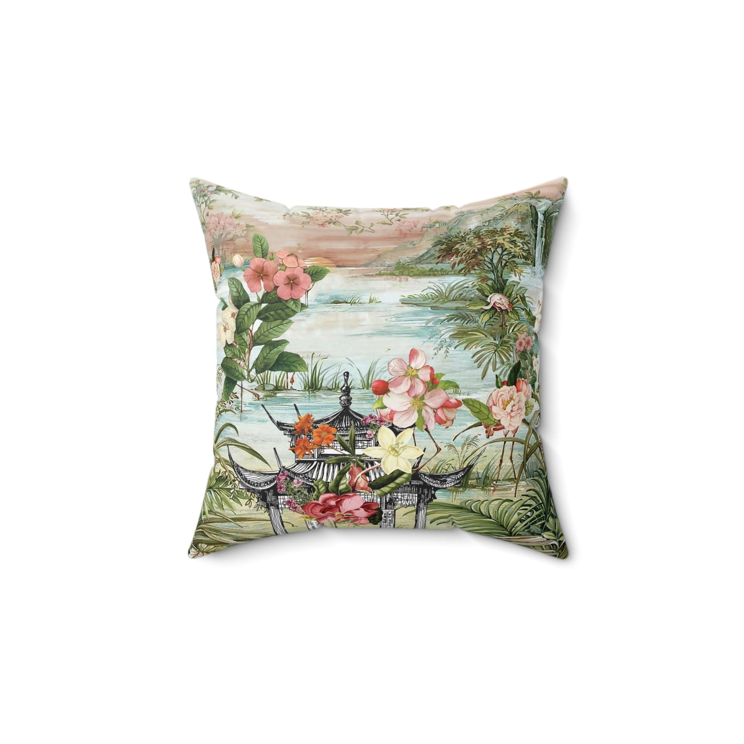 Kate McEnroe New York Chinoiserie Tranquil Floral Pagoda Garden Scene Blackout Throw Pillow, Country Farmhouse, Hollywood Regency DecorThrow Pillows23506466431487883435