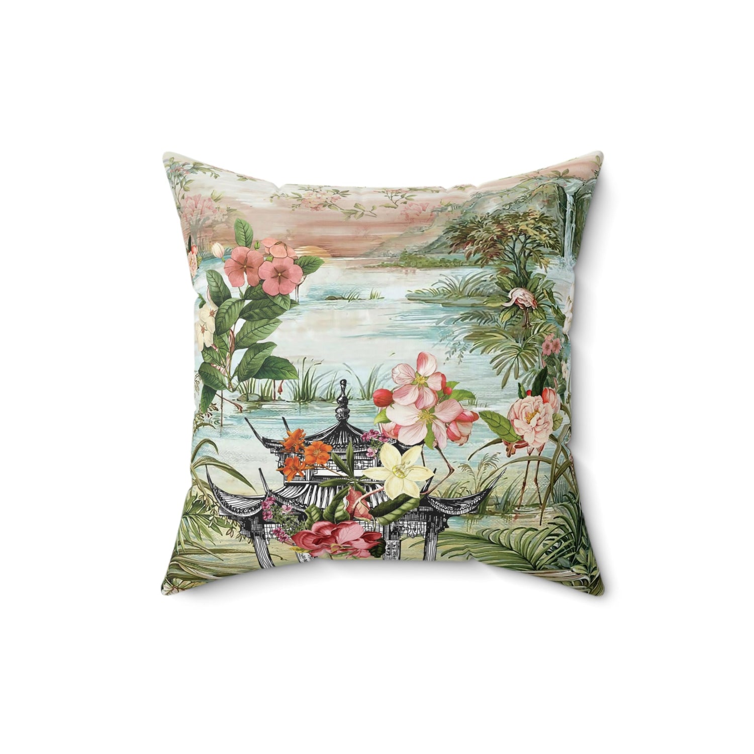 Kate McEnroe New York Chinoiserie Tranquil Floral Pagoda Garden Scene Blackout Throw Pillow, Country Farmhouse, Hollywood Regency DecorThrow Pillows23506466431487883435