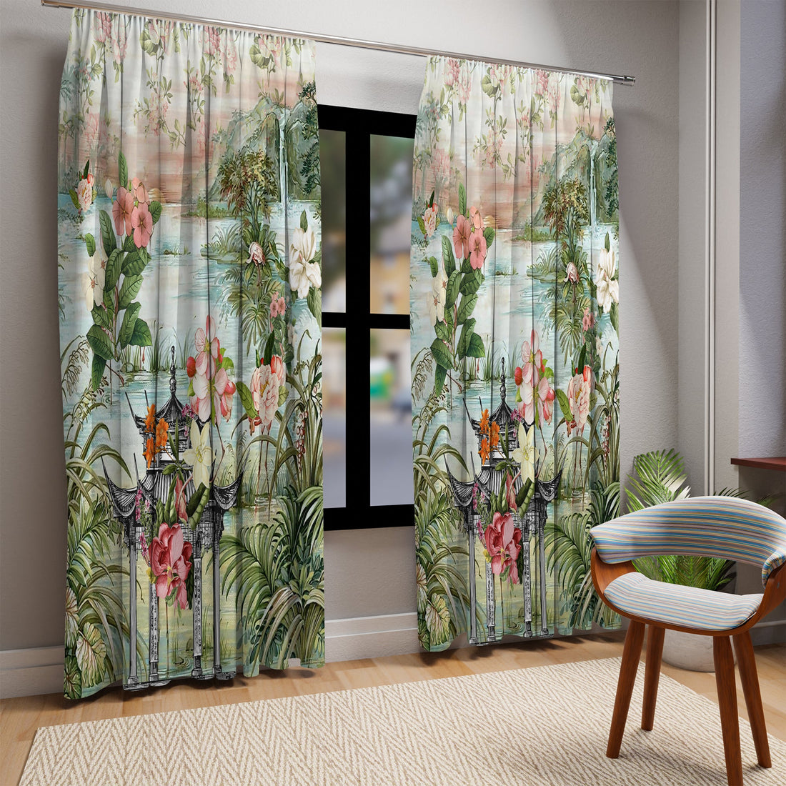 Kate McEnroe New York Chinoiserie Tranquil Floral Pagoda Garden Scene Blackout Window CurtainWindow Curtains35302626270995370539