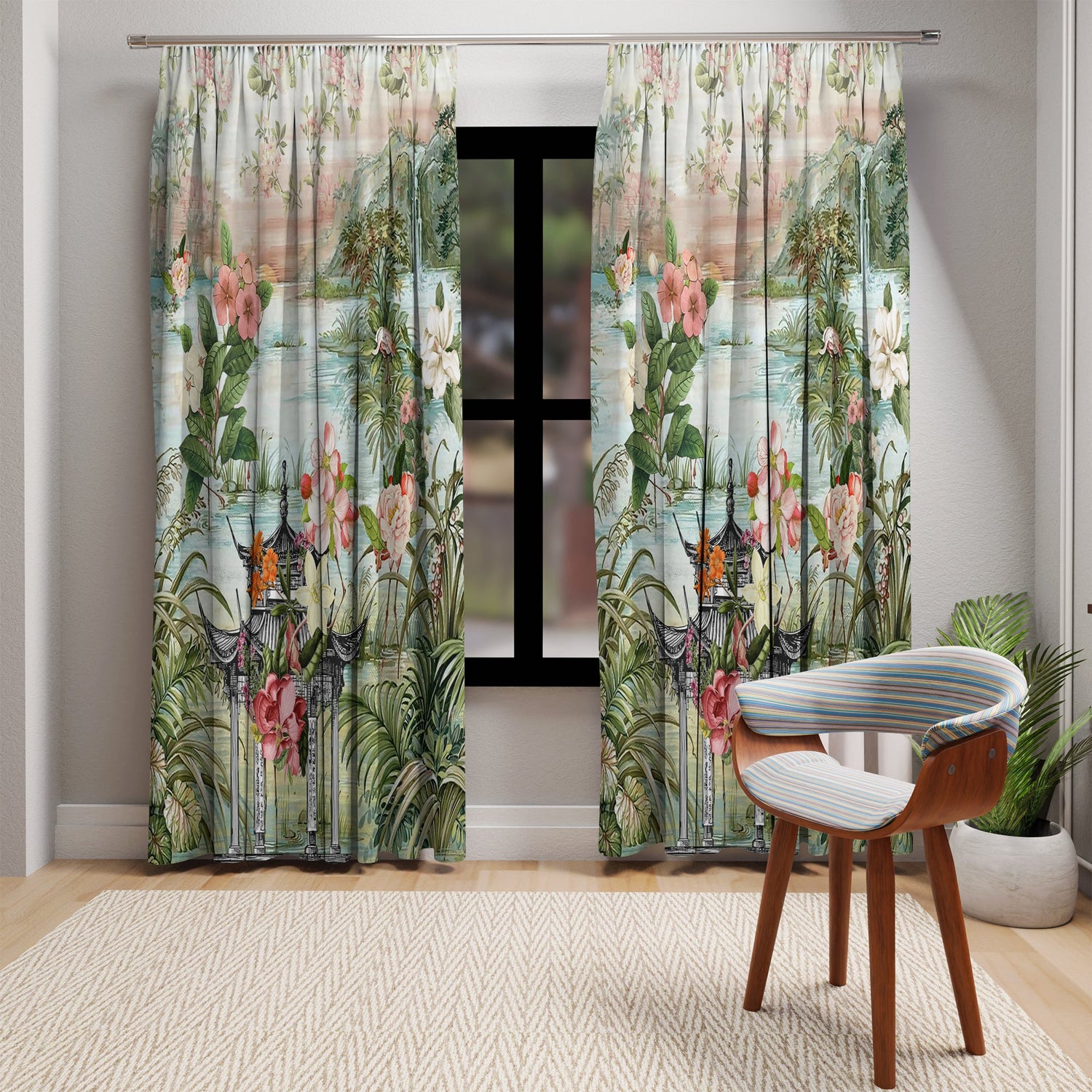 Kate McEnroe New York Chinoiserie Tranquil Floral Pagoda Garden Scene Blackout Window CurtainWindow Curtains35302626270995370539