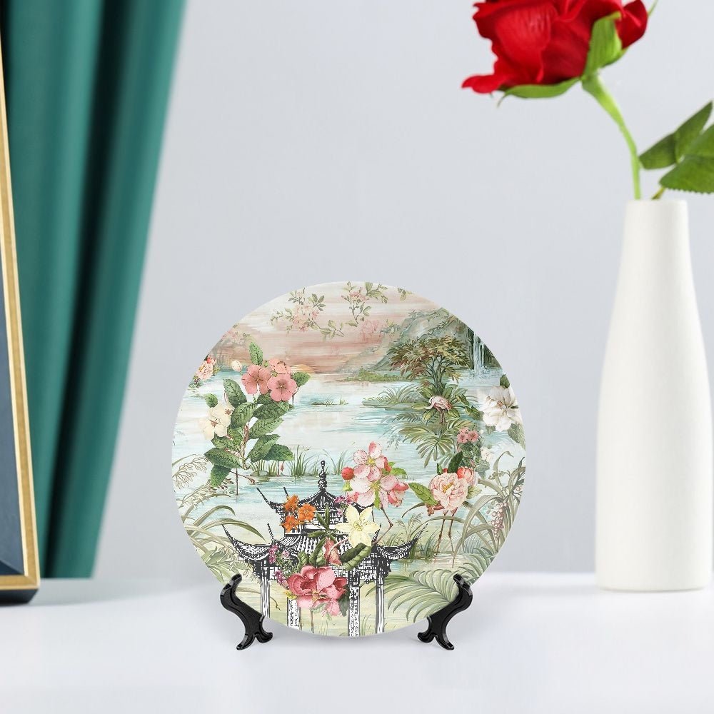 Kate McEnroe New York Chinoiserie Tranquil Floral Pagoda Garden Scene Decorative PlateDecorative Platesid77a46e_001