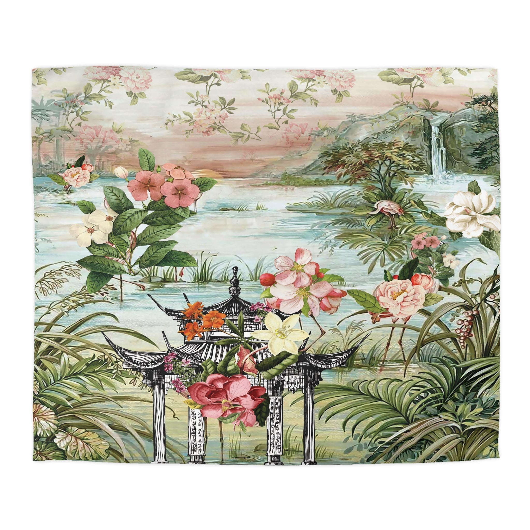Kate McEnroe New York Chinoiserie Tranquil Floral Pagoda Garden Scene Duvet CoverDuvet Covers10578427432151256111