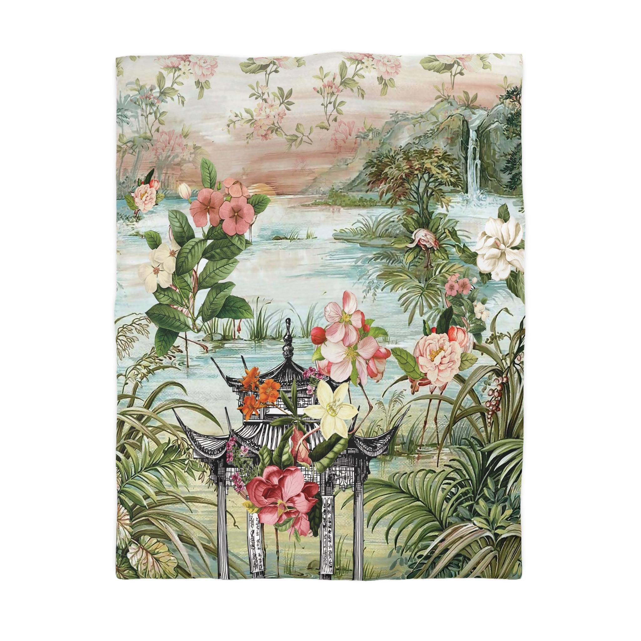 Kate McEnroe New York Chinoiserie Tranquil Floral Pagoda Garden Scene Duvet CoverDuvet Covers10578427432151256111