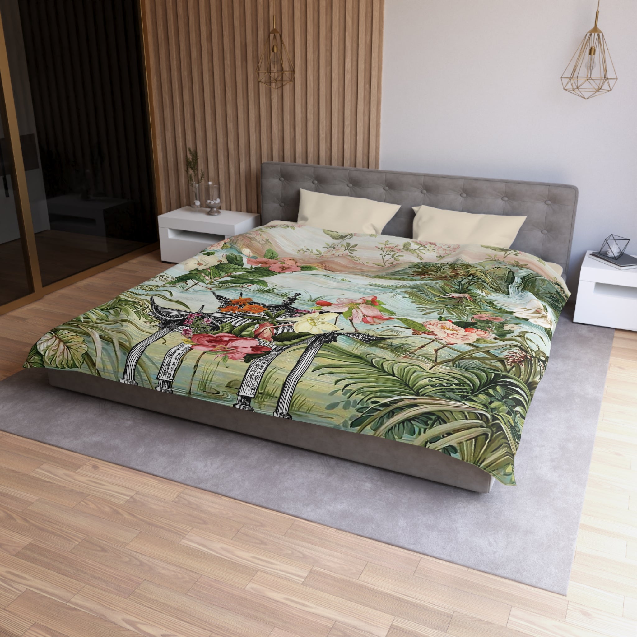 Kate McEnroe New York Chinoiserie Tranquil Floral Pagoda Garden Scene Duvet CoverDuvet Covers25489053867235556458