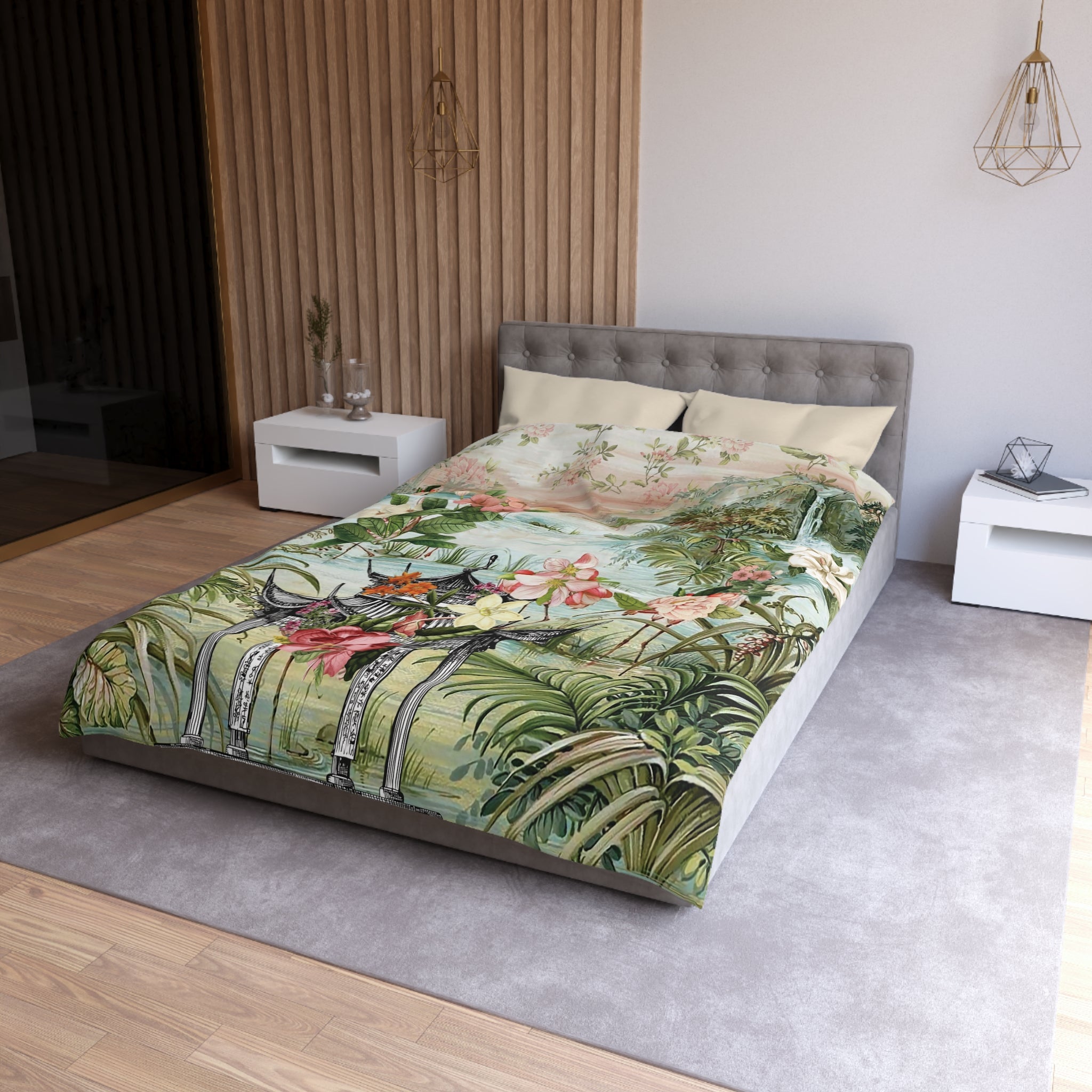 Kate McEnroe New York Chinoiserie Tranquil Floral Pagoda Garden Scene Duvet CoverDuvet Covers39986336883392404487
