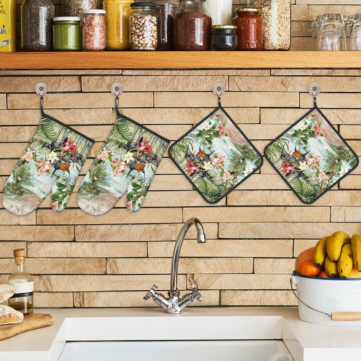 Kate McEnroe New York Chinoiserie Tranquil Floral Pagoda Garden Scene Oven Mitts and Pot Holders SetOven Mitts &amp; Pot Holder SetH5KRTB-CWGW7N-8VIID7