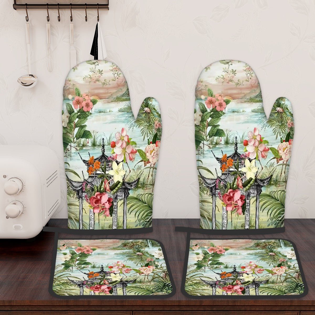 Kate McEnroe New York Chinoiserie Tranquil Floral Pagoda Garden Scene Oven Mitts and Pot Holders SetOven Mitts &amp; Pot Holder SetH5KRTB-CWGW7N-8VIID7
