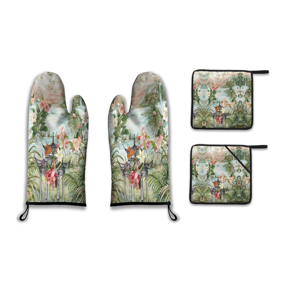 Kate McEnroe New York Chinoiserie Tranquil Floral Pagoda Garden Scene Oven Mitts and Pot Holders SetOven Mitts &amp; Pot Holder SetH5KRTB - CWGW7N - 8VIID7