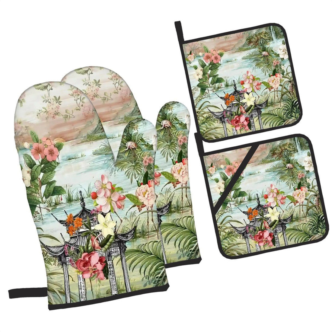 Kate McEnroe New York Chinoiserie Tranquil Floral Pagoda Garden Scene Oven Mitts and Pot Holders SetOven Mitts &amp; Pot Holder SetH5KRTB-CWGW7N-8VIID7