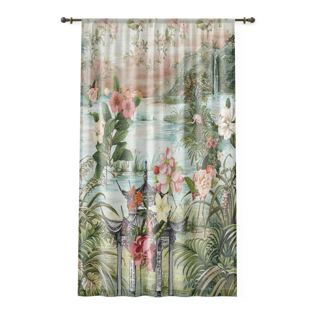 Kate McEnroe New York Chinoiserie Tranquil Floral Pagoda Garden Scene Sheer Window CurtainWindow Curtains20030837022638888665