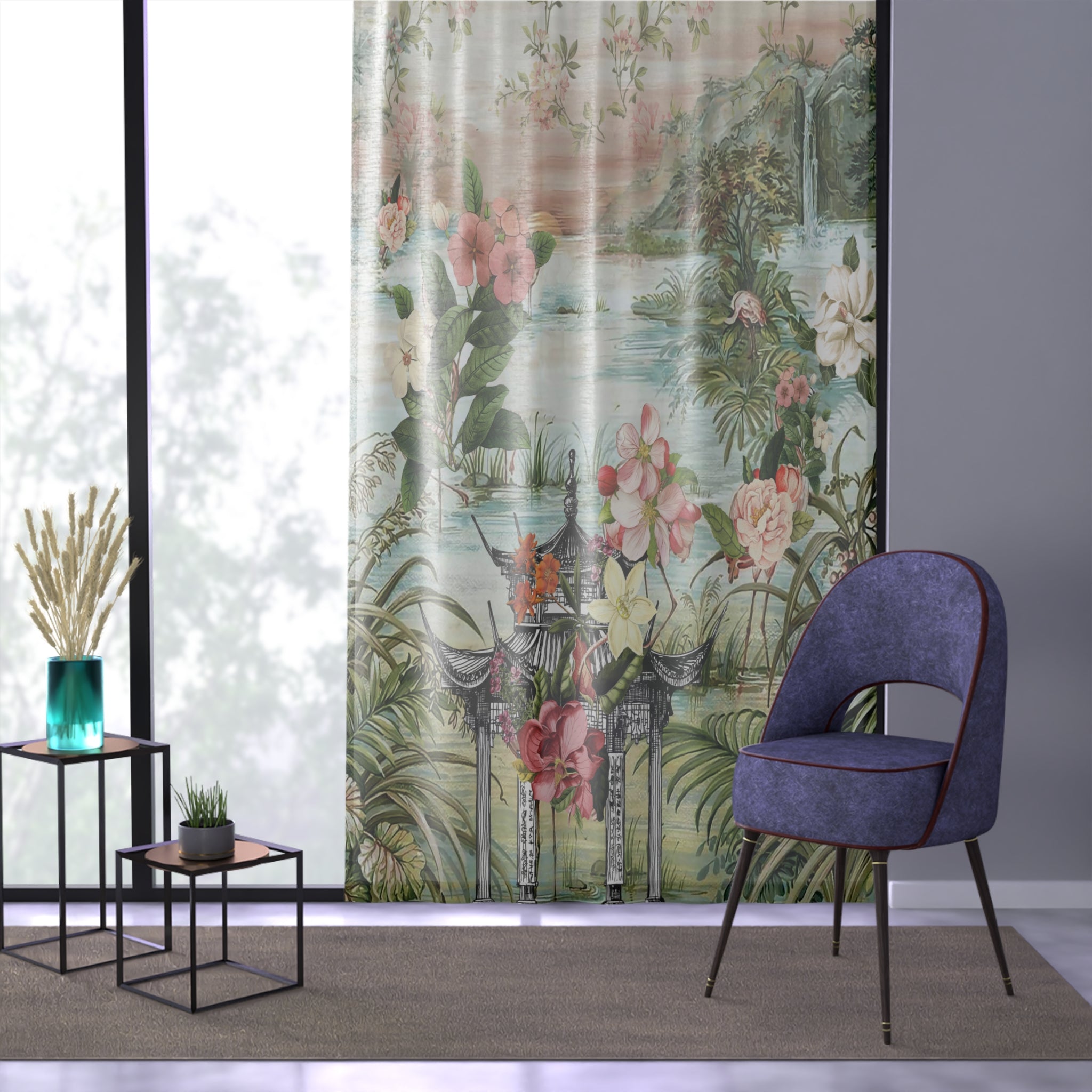 Kate McEnroe New York Chinoiserie Tranquil Floral Pagoda Garden Scene Sheer Window CurtainWindow Curtains20030837022638888665