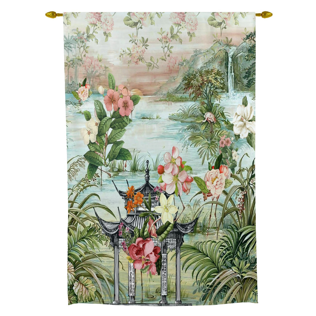 Kate McEnroe New York Chinoiserie Tranquil Floral Pagoda Garden Scene Tie Up curtainValances120465