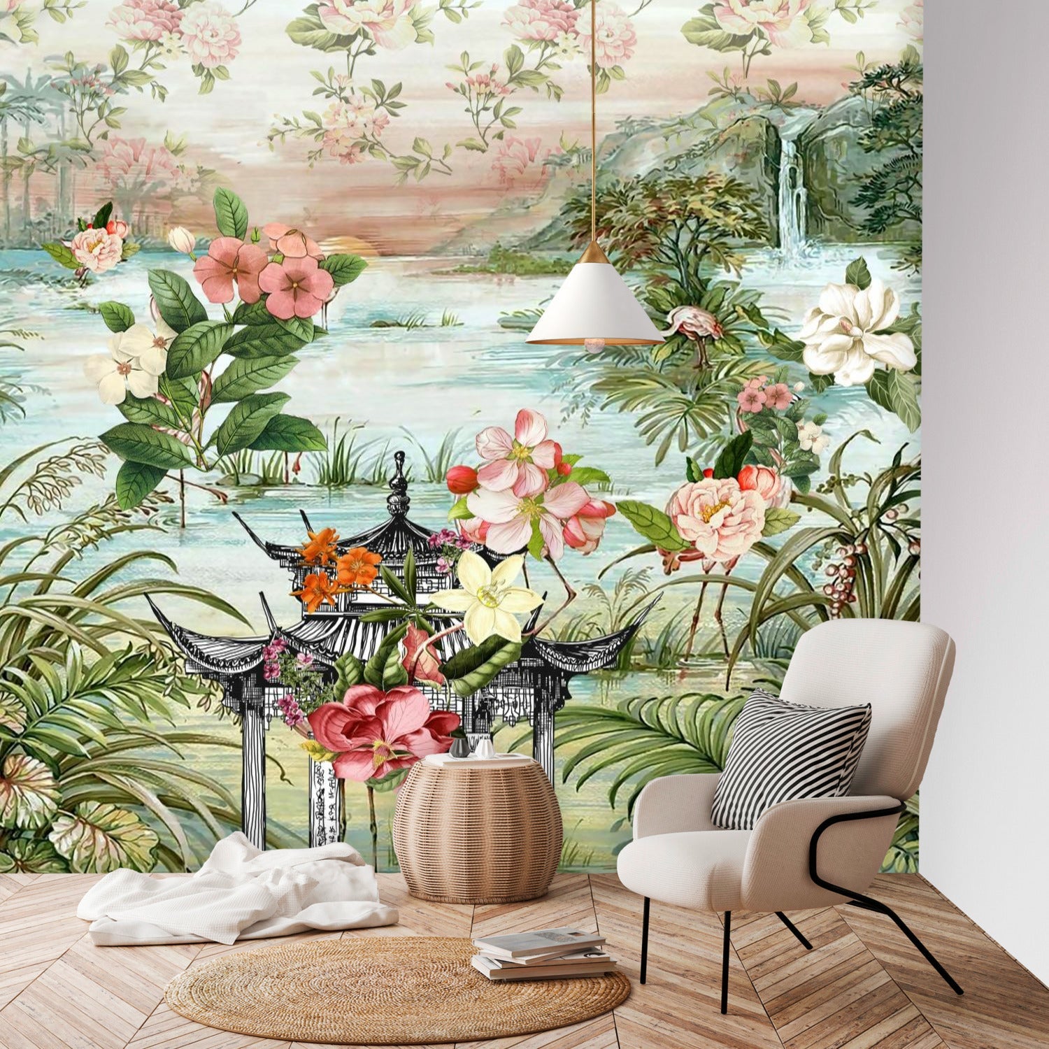 Kate McEnroe New York Chinoiserie Tranquil Floral Pagoda Garden Scene Wall MuralWall Mural120413