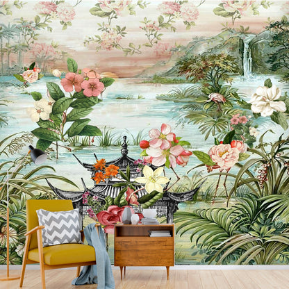 Kate McEnroe New York Chinoiserie Tranquil Floral Pagoda Garden Scene Wall MuralWall Mural120415