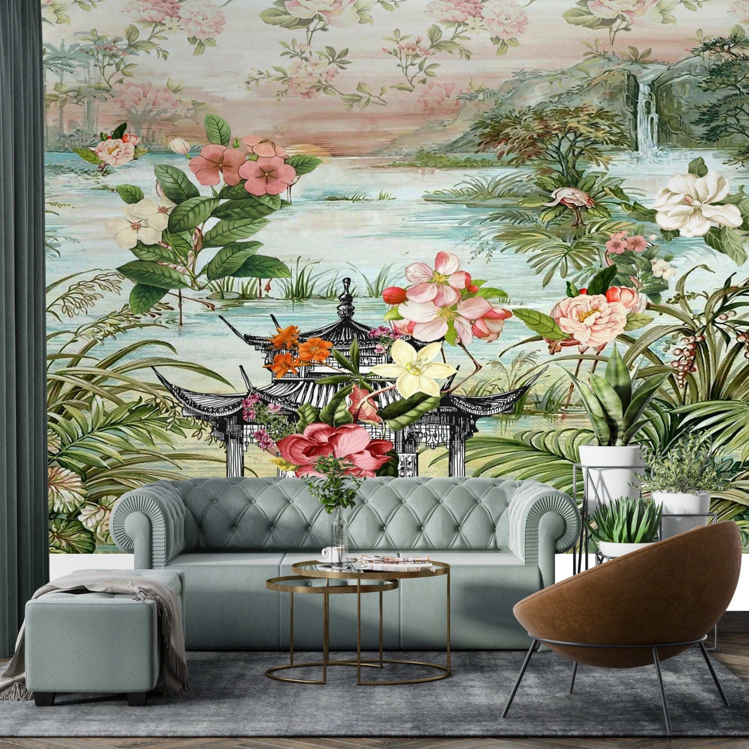 Kate McEnroe New York Chinoiserie Tranquil Floral Pagoda Garden Scene Wall MuralWall Mural120418