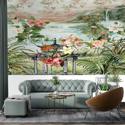 Kate McEnroe New York Chinoiserie Tranquil Floral Pagoda Garden Scene Wall MuralWall Mural120421