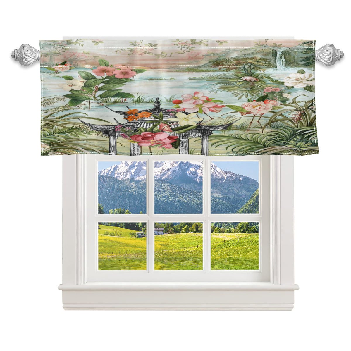 Kate McEnroe New York Chinoiserie Tranquil Floral Pagoda Garden Scene Window ValanceValancesH5KRTB - GNMQNM - 22DRJ7