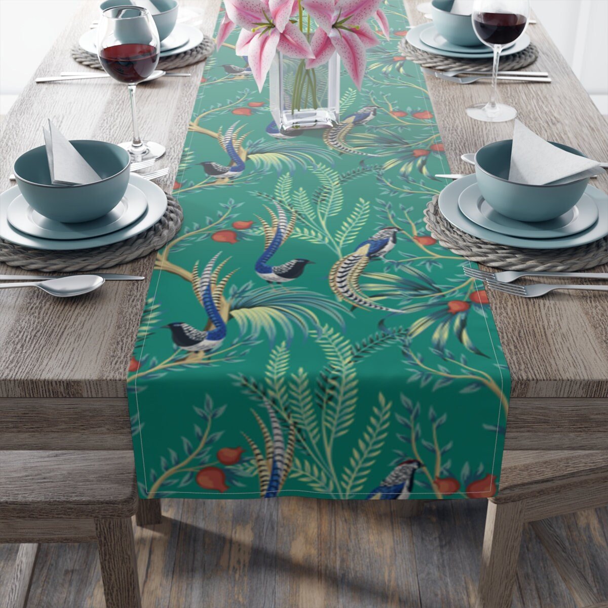 Kate McEnroe New York Chinoiserie Vintage Tropical Birds Floral Table RunnerTable Runners30129274926042936362