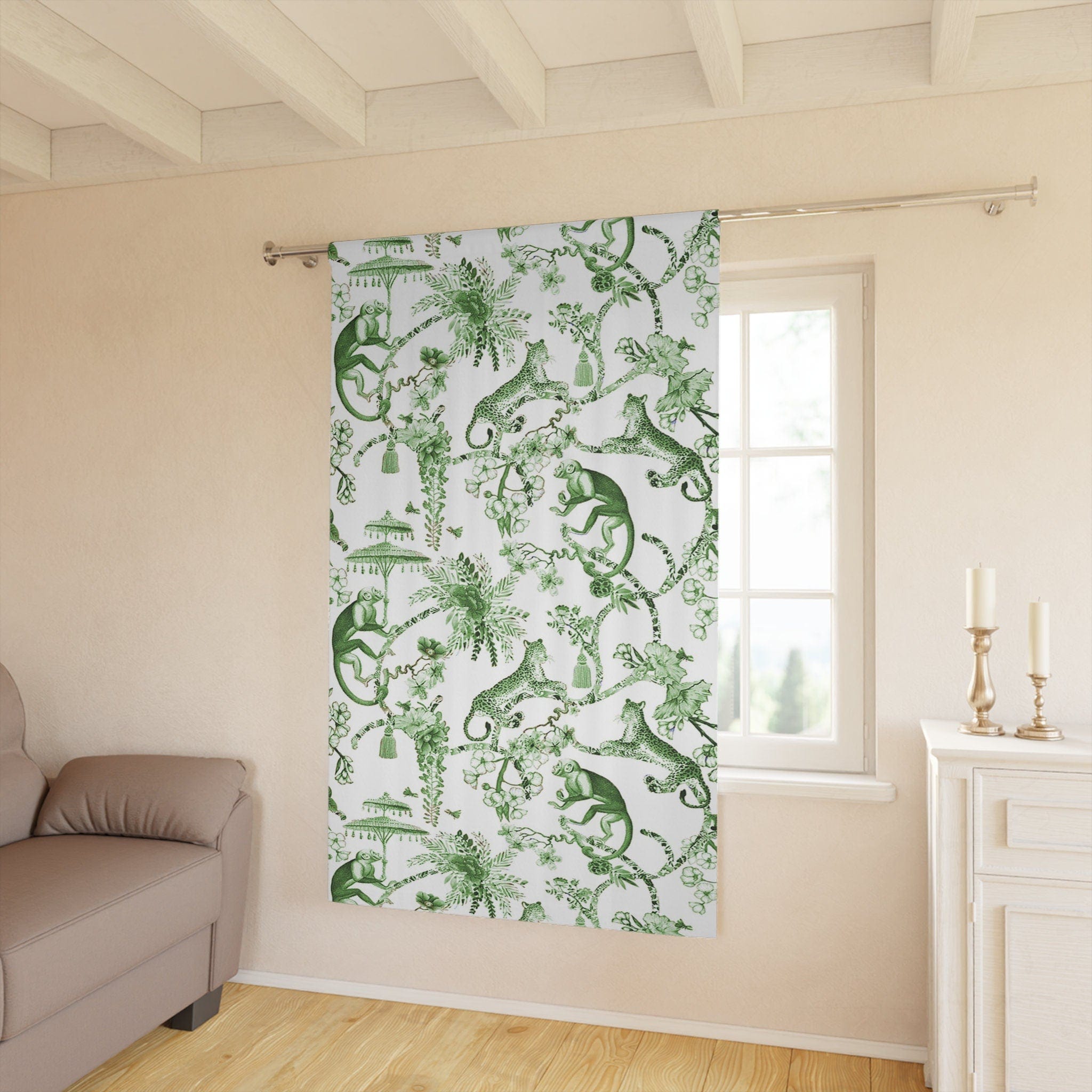 Chinoiserie Window Curtains, Floral Green and White Chinoiserie Jungle Curtain Panels, Botanical Toile Chinoiserie Window Treatment