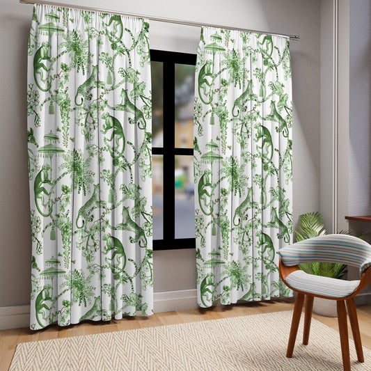 Chinoiserie Window Curtains, Floral Green and White Chinoiserie Jungle Curtain Panels, Botanical Toile Chinoiserie Window Treatment