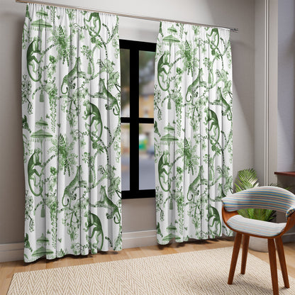 Kate McEnroe New York Chinoiserie Window Curtains, Floral Green and White Chinoiserie Jungle Curtain Panels, Botanical Toile Chinoiserie Window TreatmentWindow CurtainsW3D - CHI - MONG - SH2