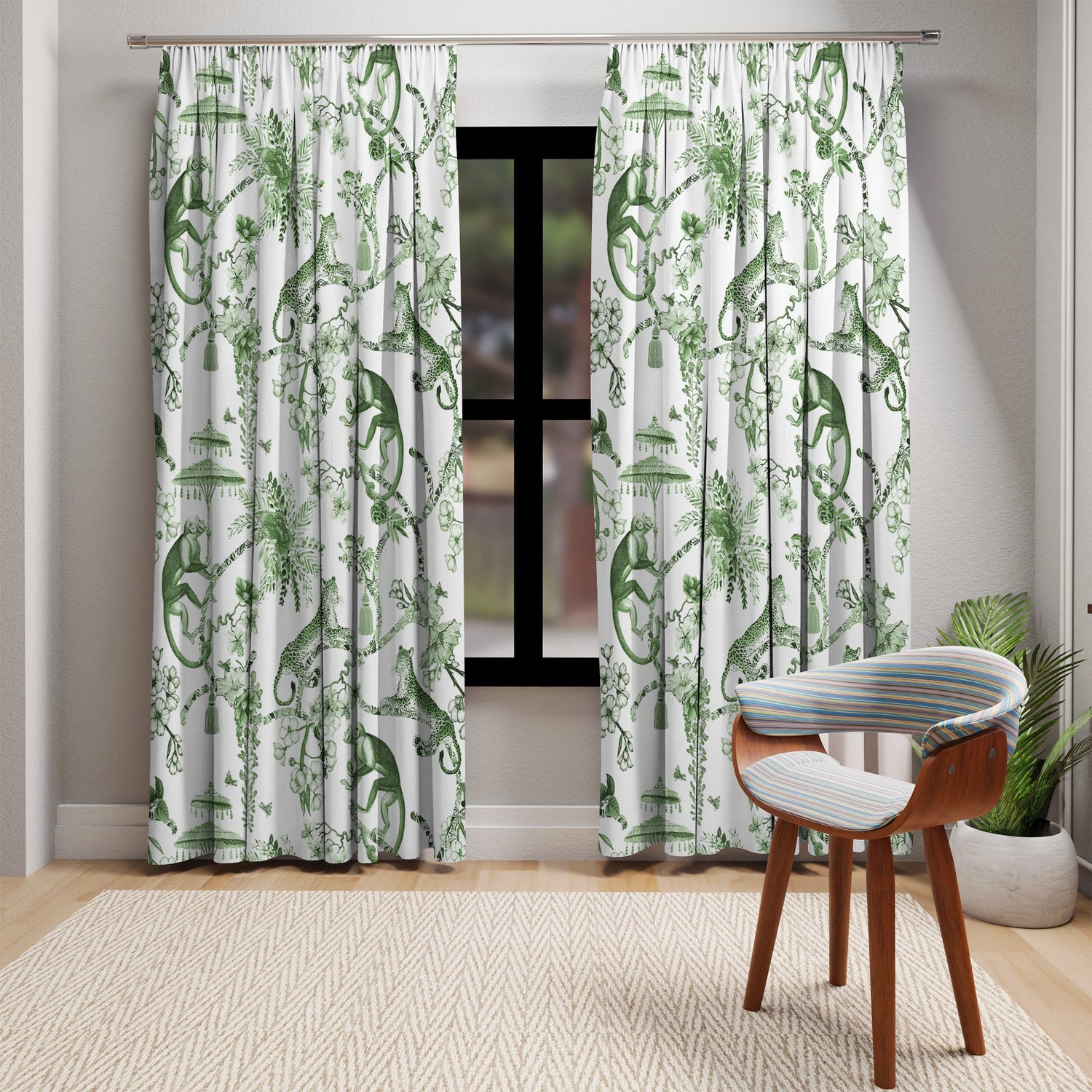 Kate McEnroe New York Chinoiserie Window Curtains, Floral Green and White Chinoiserie Jungle Curtain Panels, Botanical Toile Chinoiserie Window TreatmentWindow CurtainsW3D - CHI - MONG - SH2