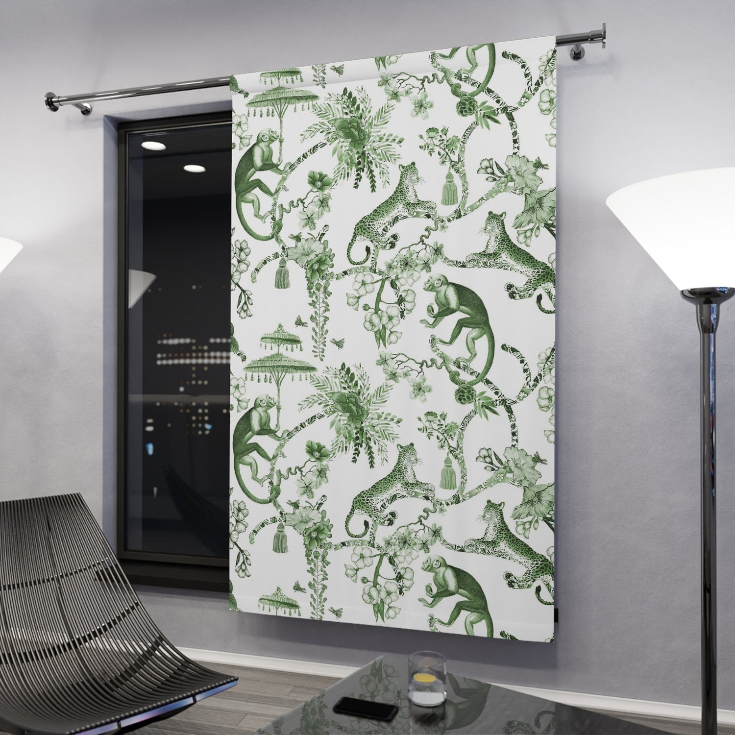 Kate McEnroe New York Chinoiserie Window Curtains, Floral Green and White Chinoiserie Jungle Curtain Panels, Botanical Toile Chinoiserie Window TreatmentWindow CurtainsW3D - CHI - MONG - SH2