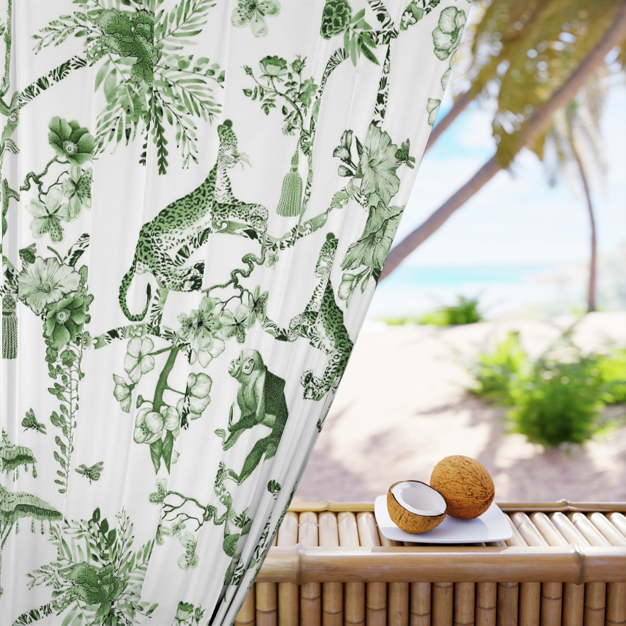 Kate McEnroe New York Chinoiserie Window Curtains, Floral Green and White Chinoiserie Jungle Curtain Panels, Botanical Toile Chinoiserie Window TreatmentWindow CurtainsW3D - CHI - MONG - SH2