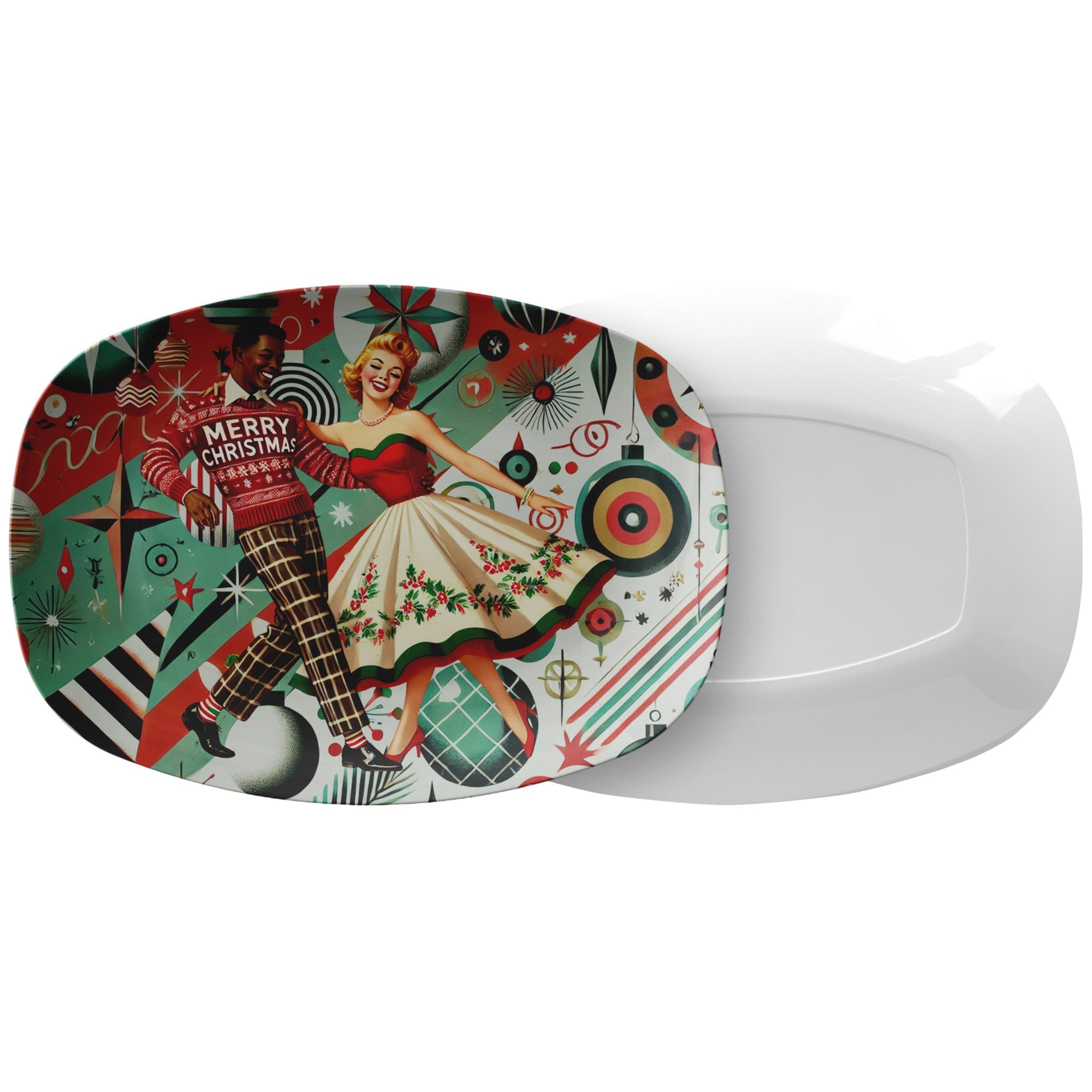 Kate McEnroe New York Christmas Serving Platter, Atomic Age Mixed Race Couple, 50s Kitsch Retro Holiday Tray, Mid Century Modern Festive TablewareServing PlattersP23 - MIX - RACE - 3