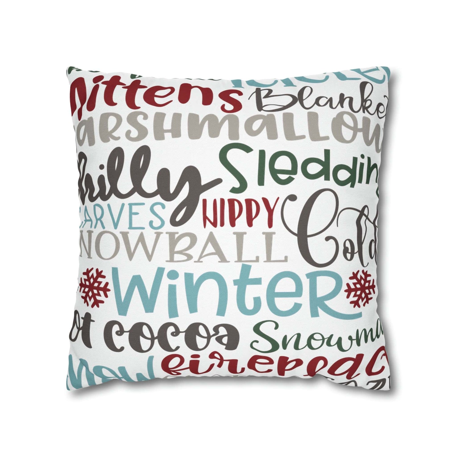 Printify Christmas Throw Pillow Cover, Mittens, Mashmallows, Snowballs, Sledding, Chilly Winter Word Art Cushion Covers, Farmhouse Decor Home Decor 18&quot; × 18&quot; 20686719628418103317