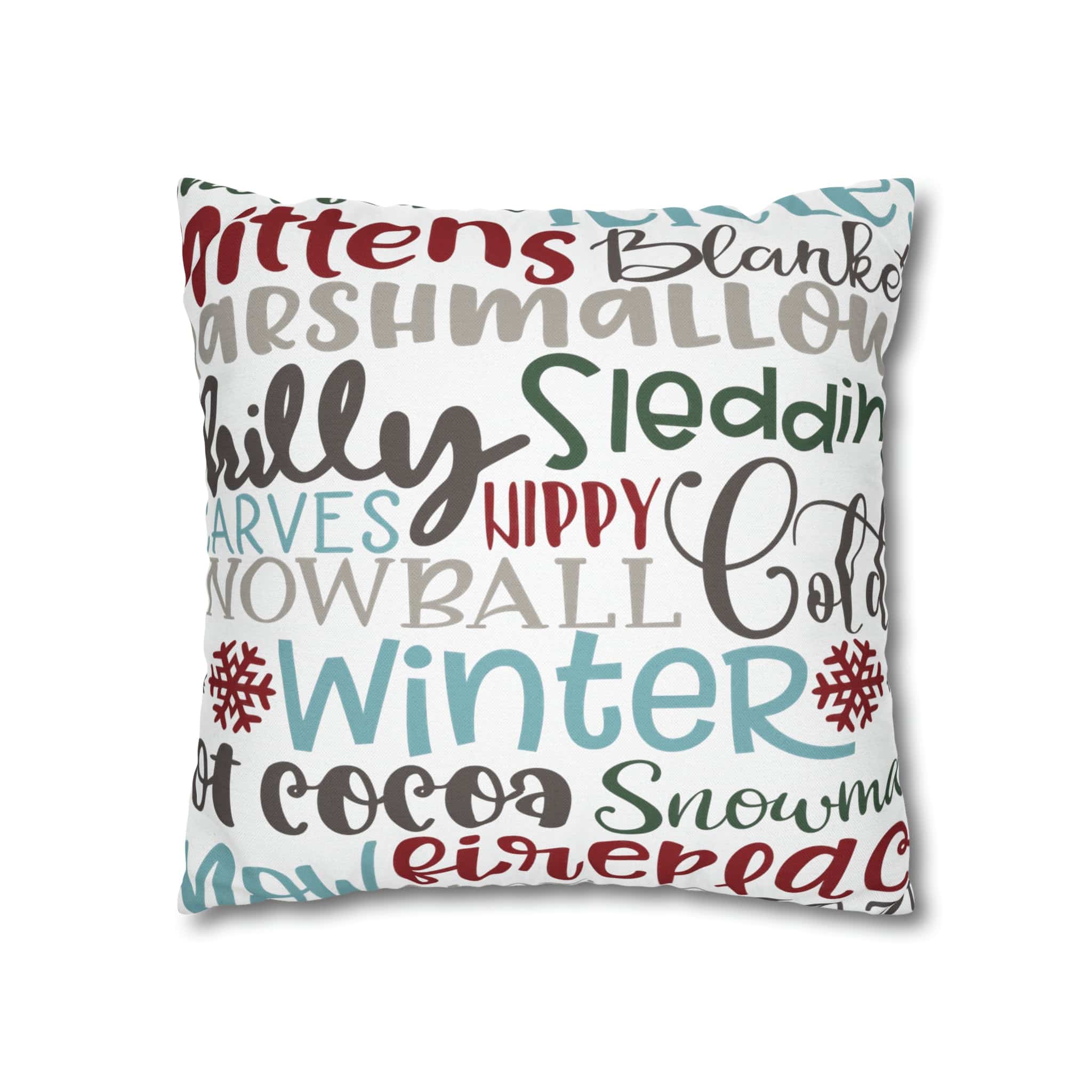 Printify Christmas Throw Pillow Cover, Mittens, Mashmallows, Snowballs, Sledding, Chilly Winter Word Art Cushion Covers, Farmhouse Decor Home Decor