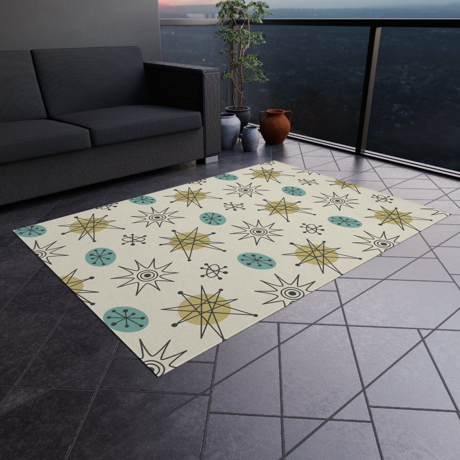 Kate McEnroe New York Classic Franciscan Starburst 50s Mid Century Modern Atomic Retro Cream, Aqua Blue, Green Indoor - Outdoor RugRugs27367820302419472119