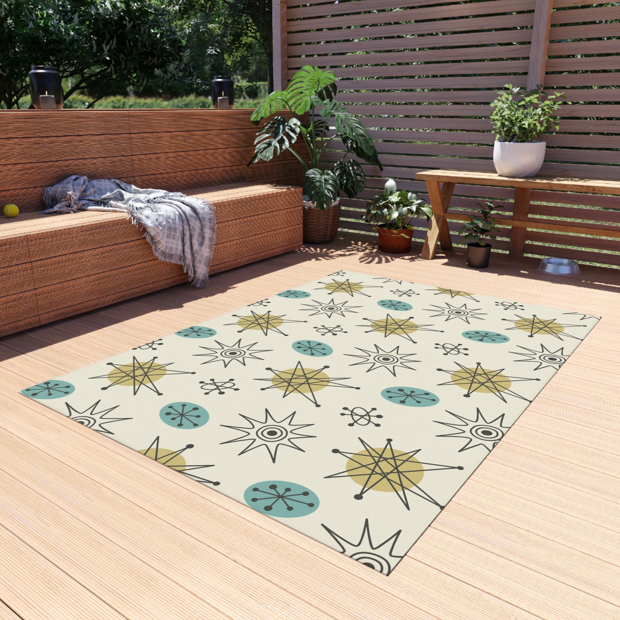 Kate McEnroe New York Classic Franciscan Starburst 50s Mid Century Modern Atomic Retro Cream, Aqua Blue, Green Indoor - Outdoor RugRugs27367820302419472119