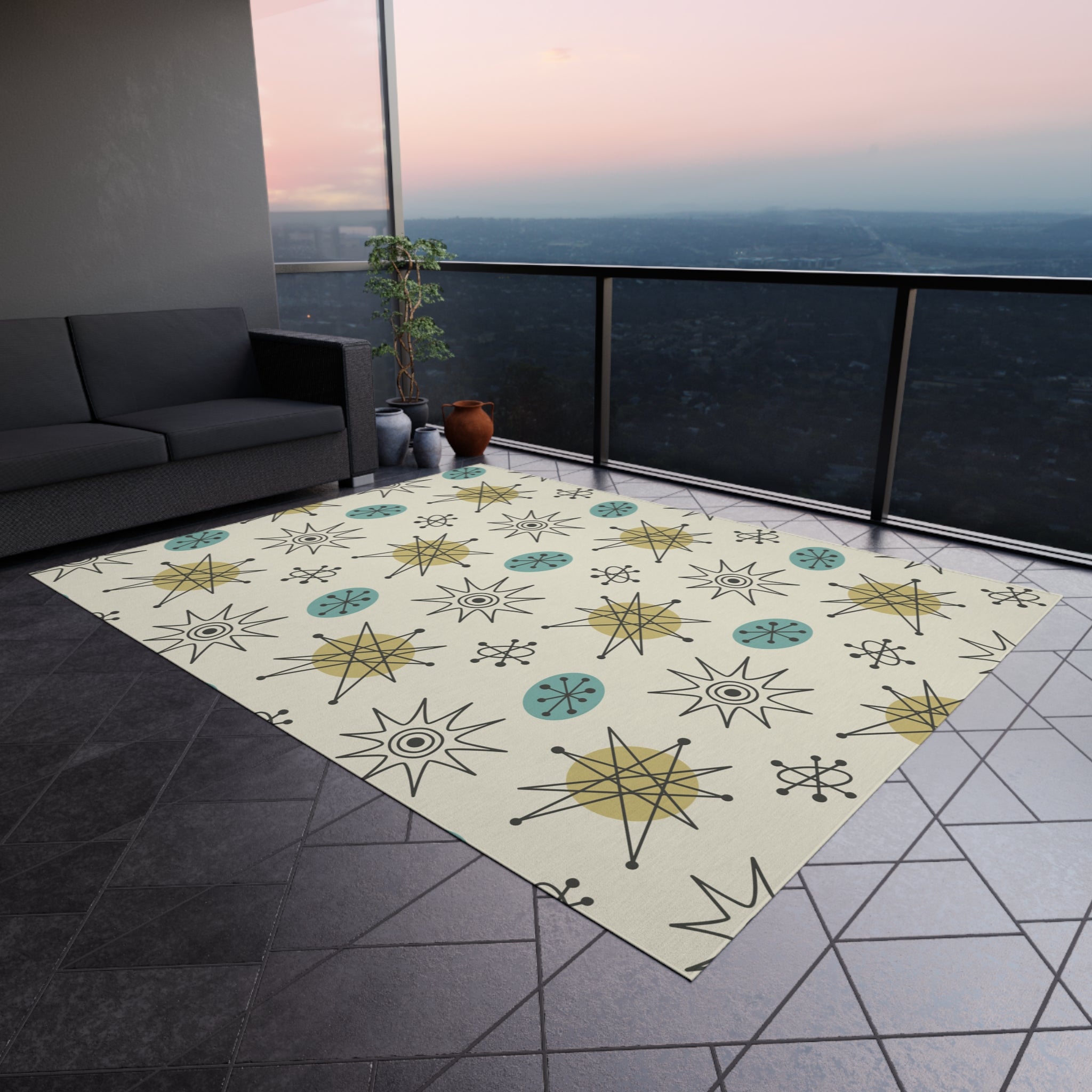 Kate McEnroe New York Classic Franciscan Starburst 50s Mid Century Modern Atomic Retro Cream, Aqua Blue, Green Indoor - Outdoor RugRugs27367820302419472119