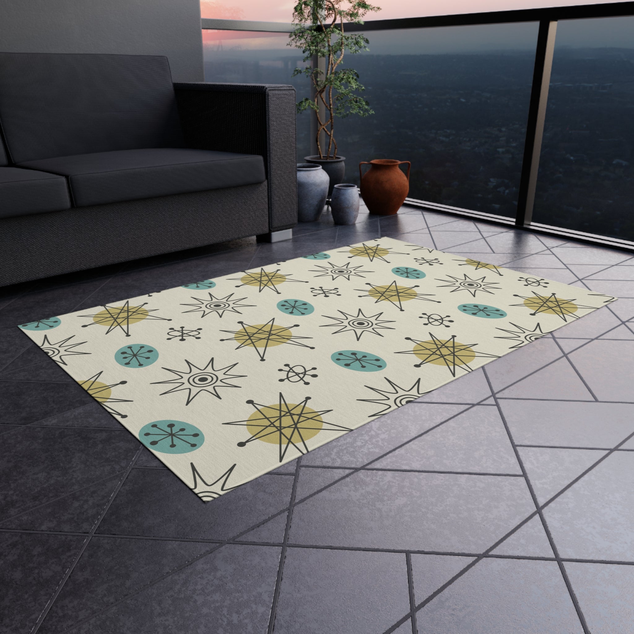 Kate McEnroe New York Classic Franciscan Starburst 50s Mid Century Modern Atomic Retro Cream, Aqua Blue, Green Indoor - Outdoor RugRugs27367820302419472119