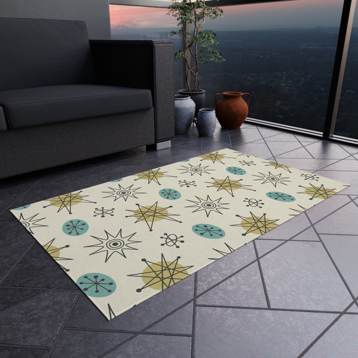 Kate McEnroe New York Classic Franciscan Starburst 50s Mid Century Modern Atomic Retro Cream, Aqua Blue, Green Indoor - Outdoor RugRugs27367820302419472119