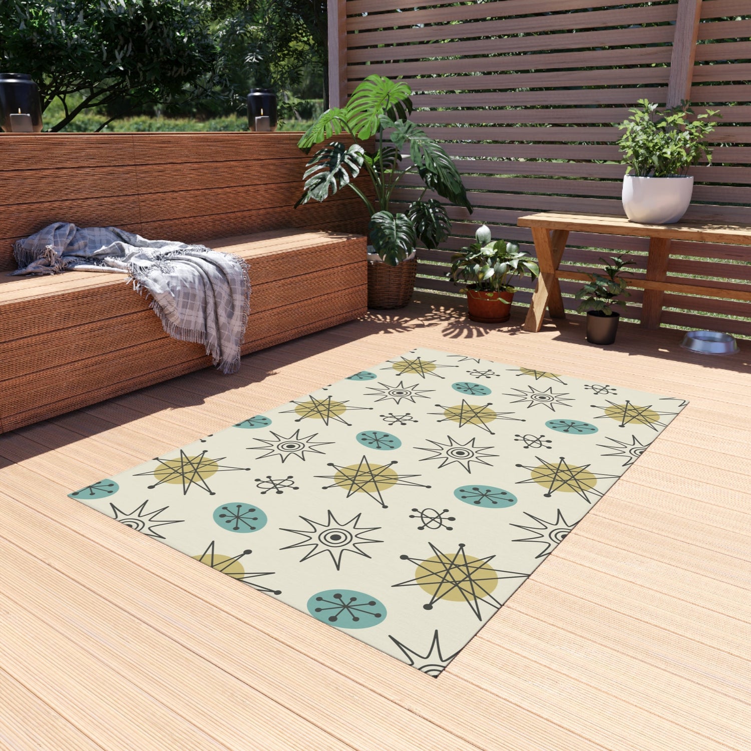 Kate McEnroe New York Classic Franciscan Starburst 50s Mid Century Modern Atomic Retro Cream, Aqua Blue, Green Indoor - Outdoor RugRugs63395936610952140641