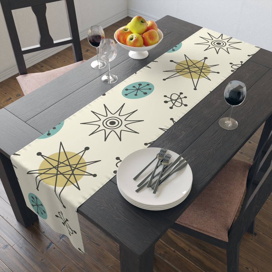 Kate McEnroe New York Classic Franciscan Starburst Table Runner, 50s Mid Century Modern Atomic Retro Cream, Aqua Blue, Green Table Linens Table Runners 16&quot; × 72&quot; / Cotton Twill 33137211802521591661