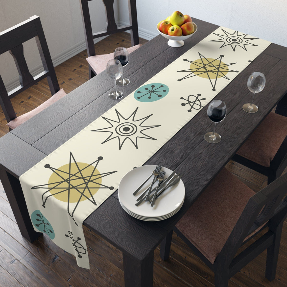 Kate McEnroe New York Classic Franciscan Starburst Table Runner, 50s Mid Century Modern Atomic Retro Cream, Aqua Blue, Green Table Linens Table Runners 16&quot; × 90&quot; / Cotton Twill 17237435393107408940