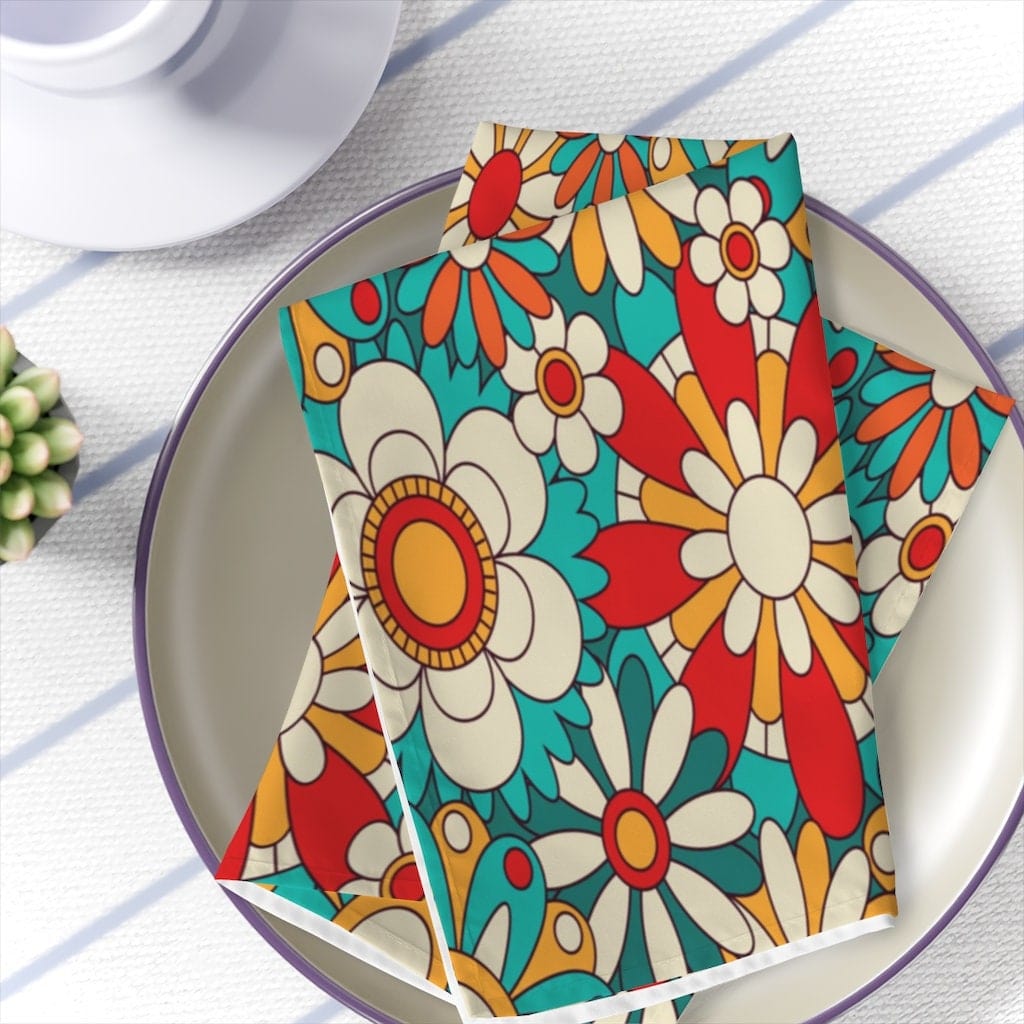 Kate McEnroe New York Cloth Napkins in Blooming Groovy Mid Century Modern Retro Flowers, Mid Mod 70s Daisy Floral Table Linens, Teal Orange 60&