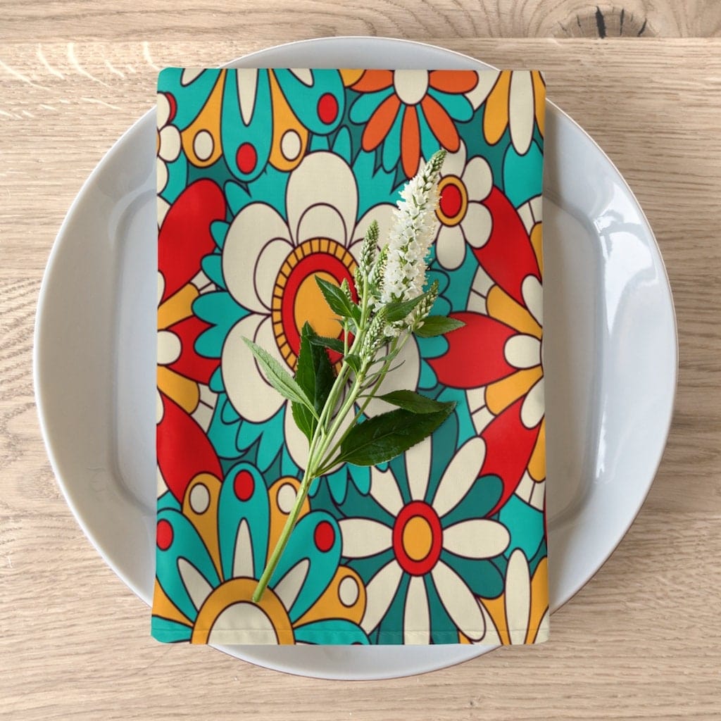 Kate McEnroe New York Cloth Napkins in Blooming Groovy Mid Century Modern Retro Flowers, Mid Mod 70s Daisy Floral Table Linens, Teal Orange 60&