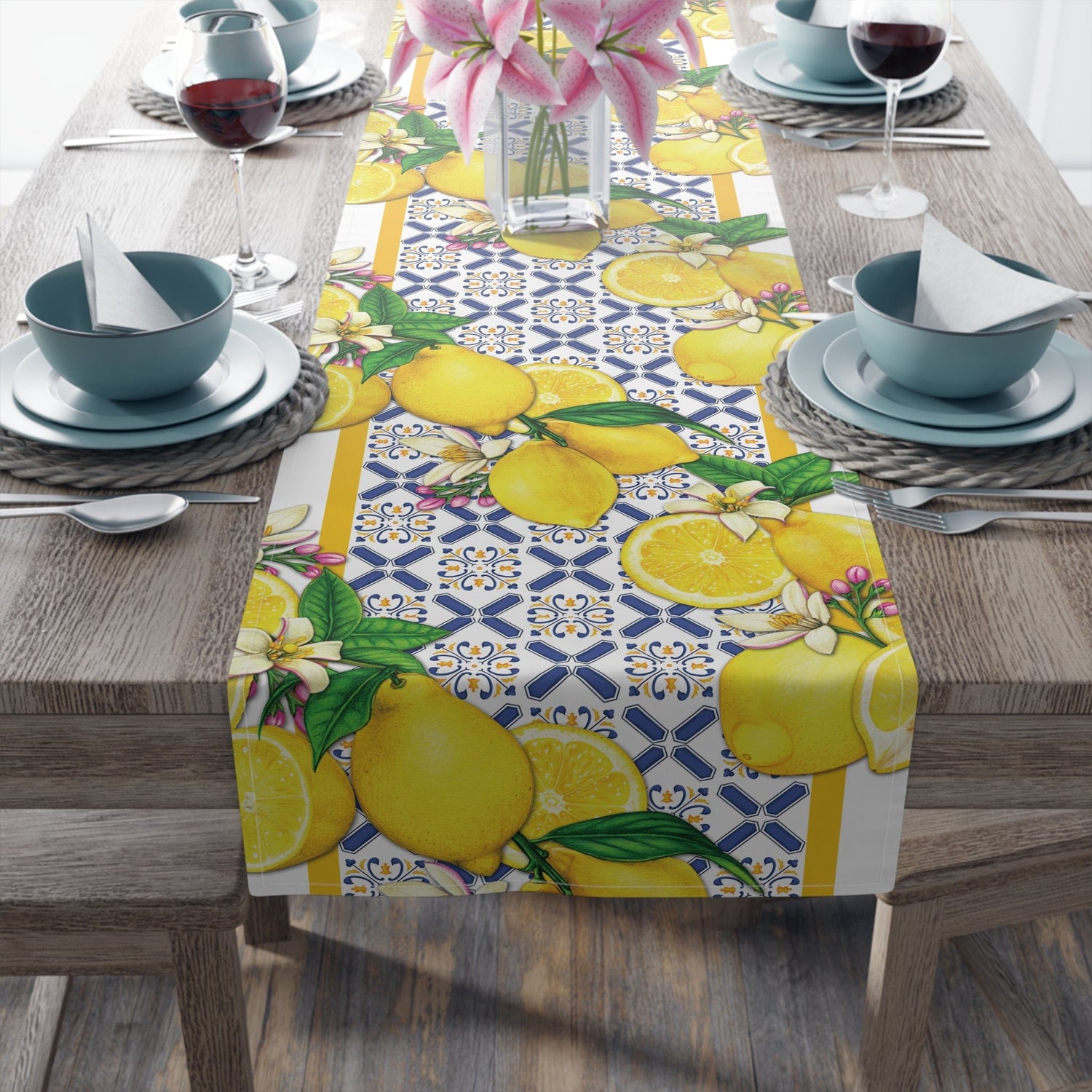 Printify Cobalt Blue and Yellow Lemon and Tiles Table Runner, Mediterranean Floral Dining Table Centerpiece, Fall Home Decor, Holiday Table Setting Home Decor 16&quot; × 72&quot; / Cotton Twill 10793941074970674446
