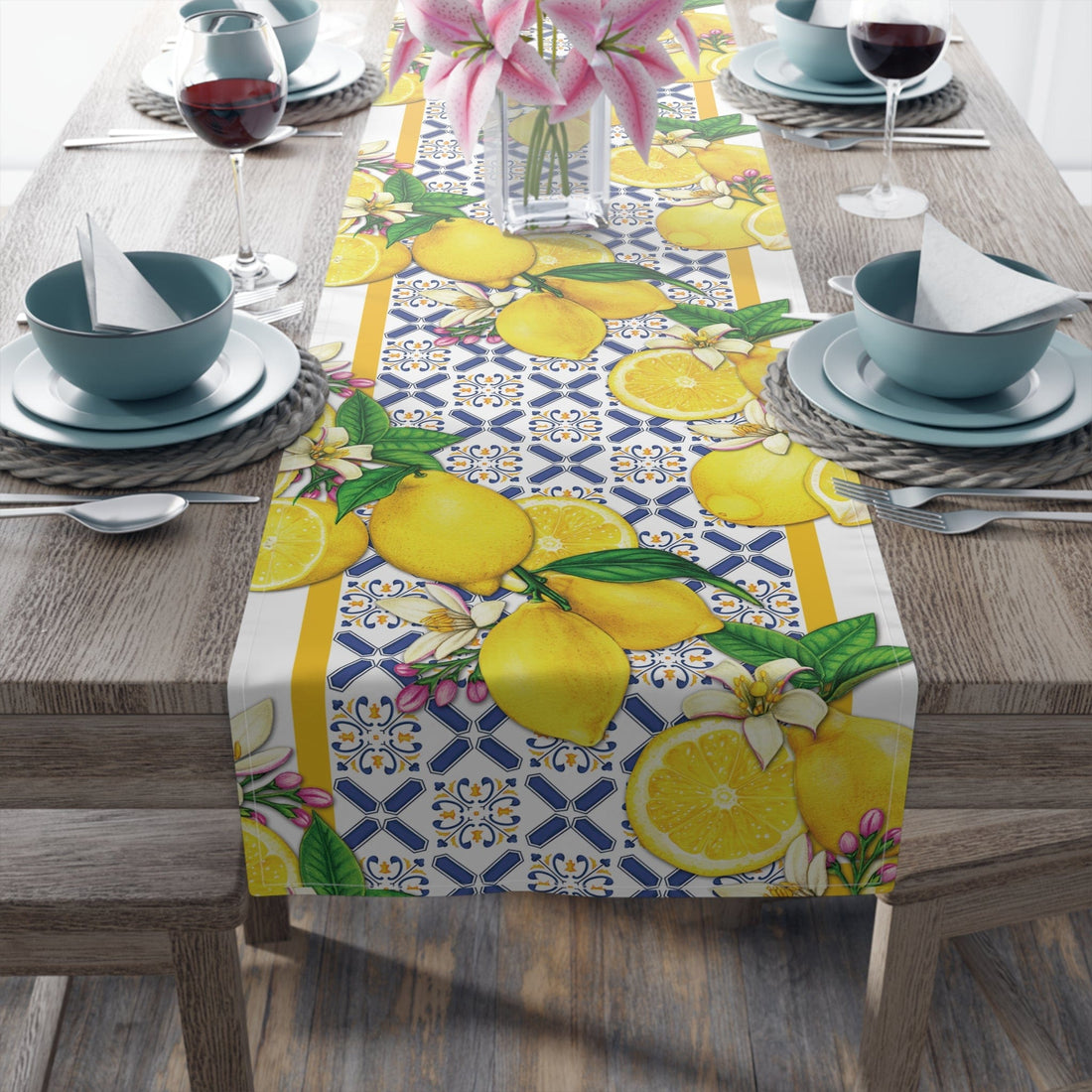 Printify Cobalt Blue and Yellow Lemon and Tiles Table Runner, Mediterranean Floral Dining Table Centerpiece, Fall Home Decor, Holiday Table Setting Home Decor 16&quot; × 90&quot; / Cotton Twill 32773695513184694539