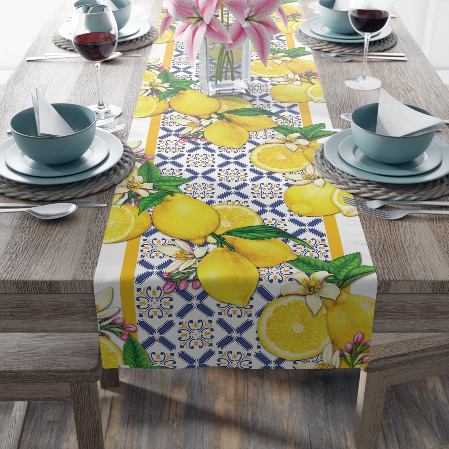 Kate McEnroe New York Cobalt Blue and Yellow Lemon and Tiles Table Runner, Mediterranean Floral Dining Table Centerpiece, Fall Home Decor, Holiday Table Setting Table Runners 16" × 90" / Polyester 30121286565349553077